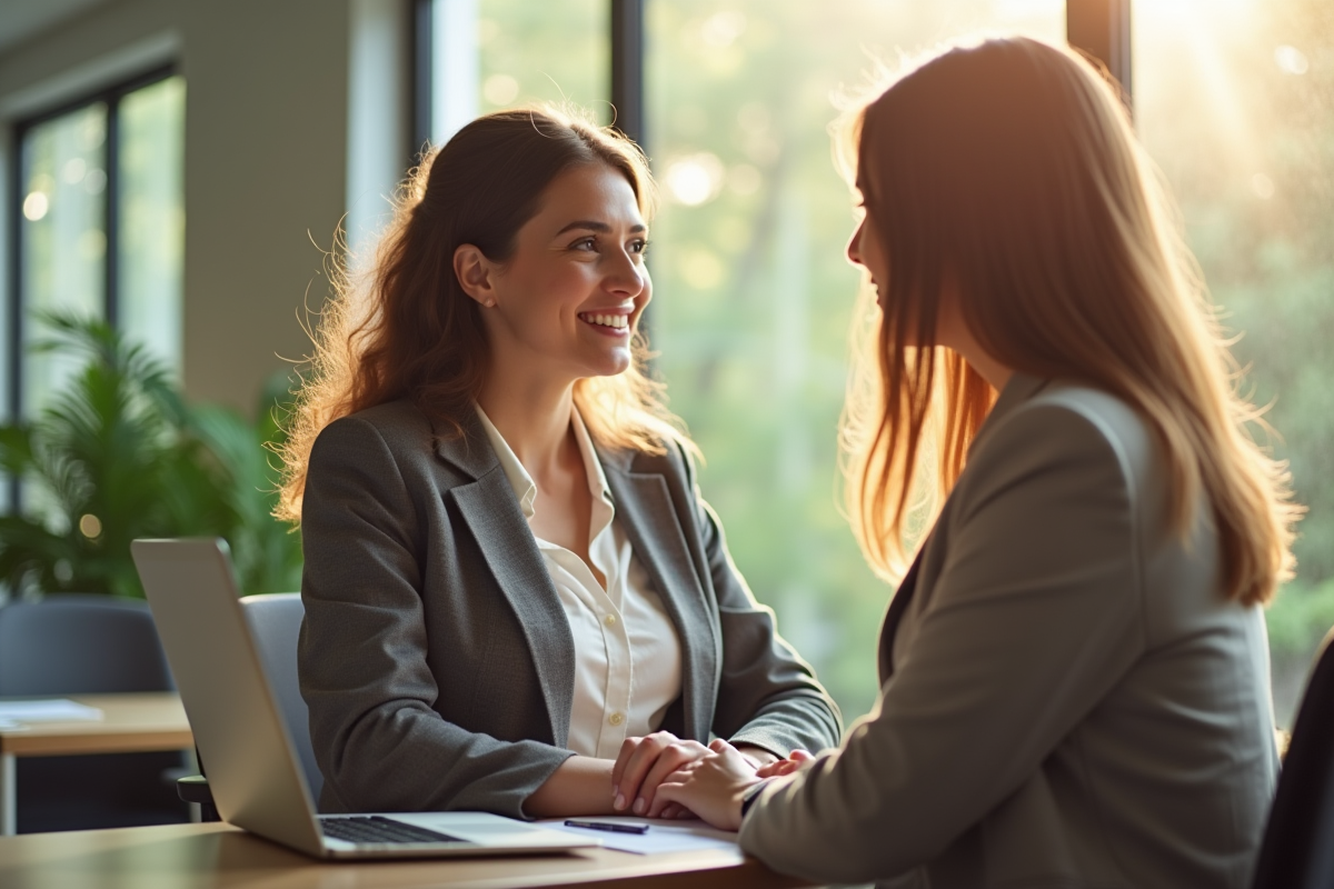 Manager femme conseillant un collègue dans un espace lumineux