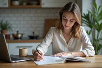 Jeune femme écrivant dans un planner à la maison