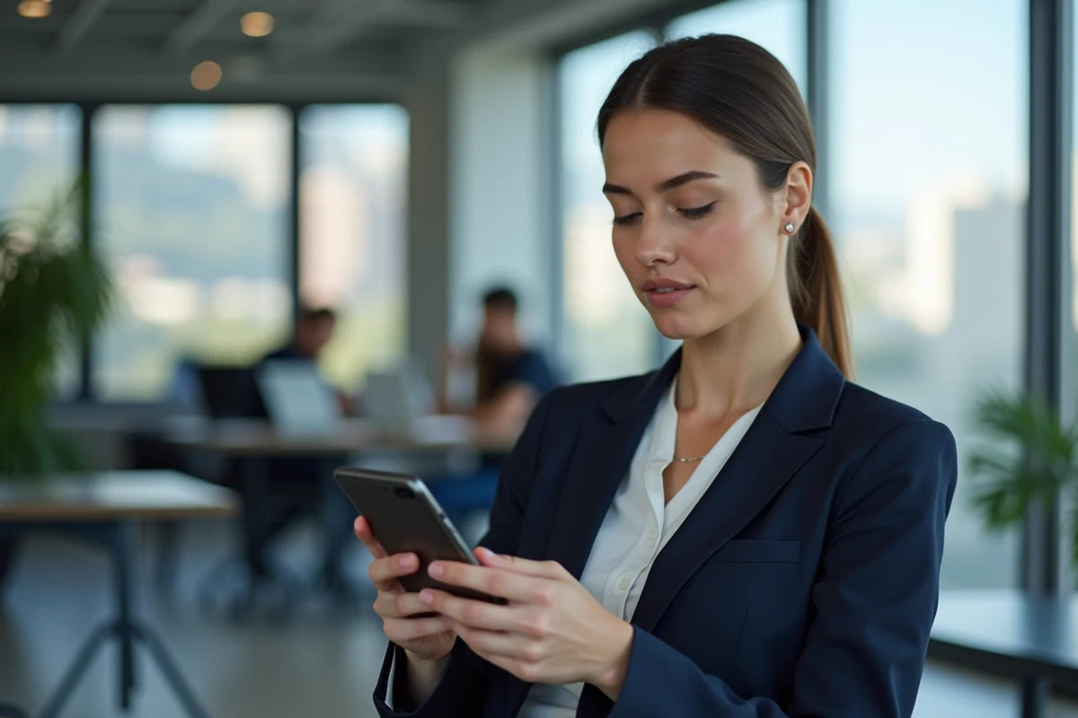 Femme professionnelle consultant l'intranet Pia Convergence Grenoble sur smartphone dans un open-space moderne