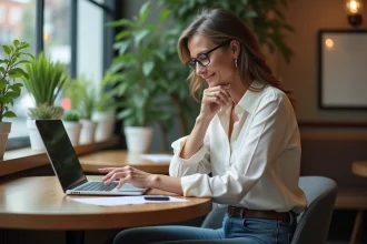 Femme d'affaires consulte son CV au café