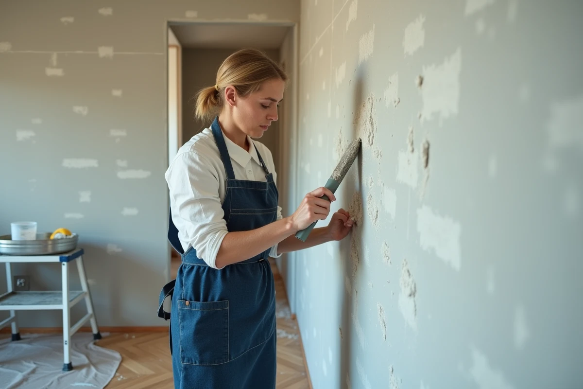 Femme appliquant de l'enduit sur un mur lors d'une rénovation intérieure, représentant l'apprentissage du bricolage en ligne pour économiser sur les travaux de maison