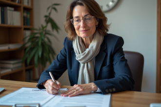 Femme d'âge moyen en blazer navy examine des documents formation retraite