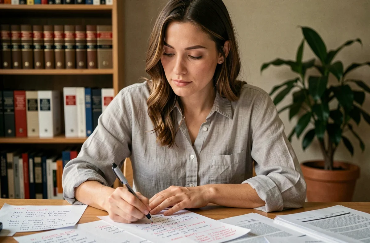 Femme relisant un brouillon de texte avec des annotations au stylo rouge sur un bureau en bois, illustrant la révision et l'amélioration de la clarté d'un écrit