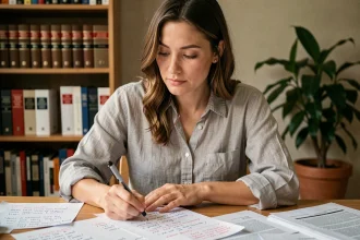 Femme relisant un brouillon de texte avec des annotations au stylo rouge sur un bureau en bois, illustrant la révision et l'amélioration de la clarté d'un écrit