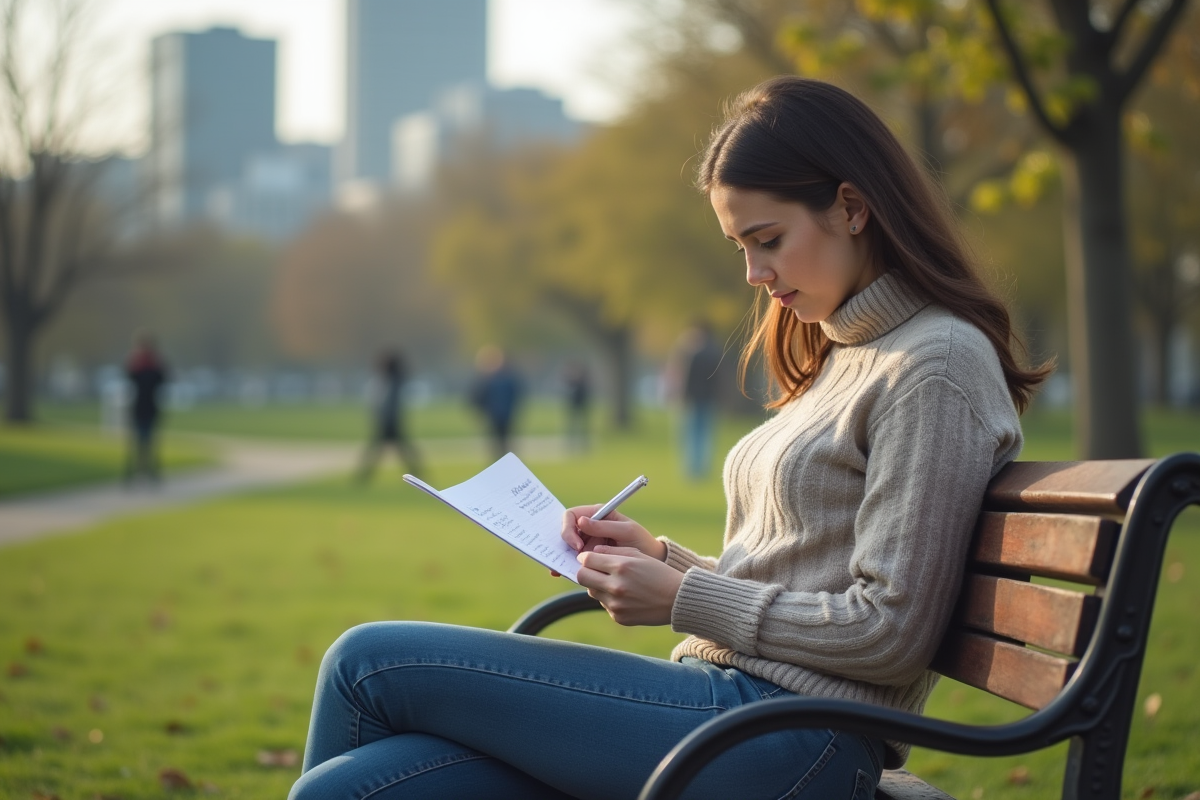 Jeune femme lisant ses notes sur un banc dans un parc