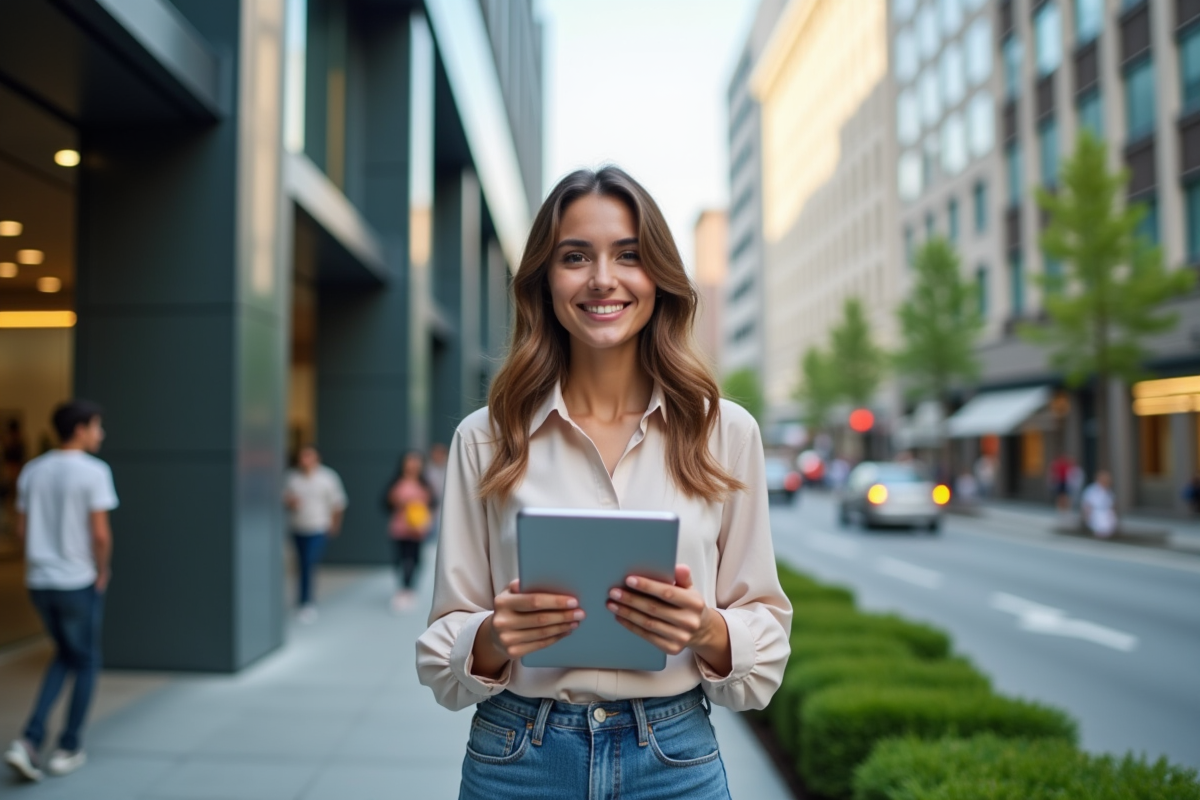 Femme souriante devant un bâtiment de bureau moderne