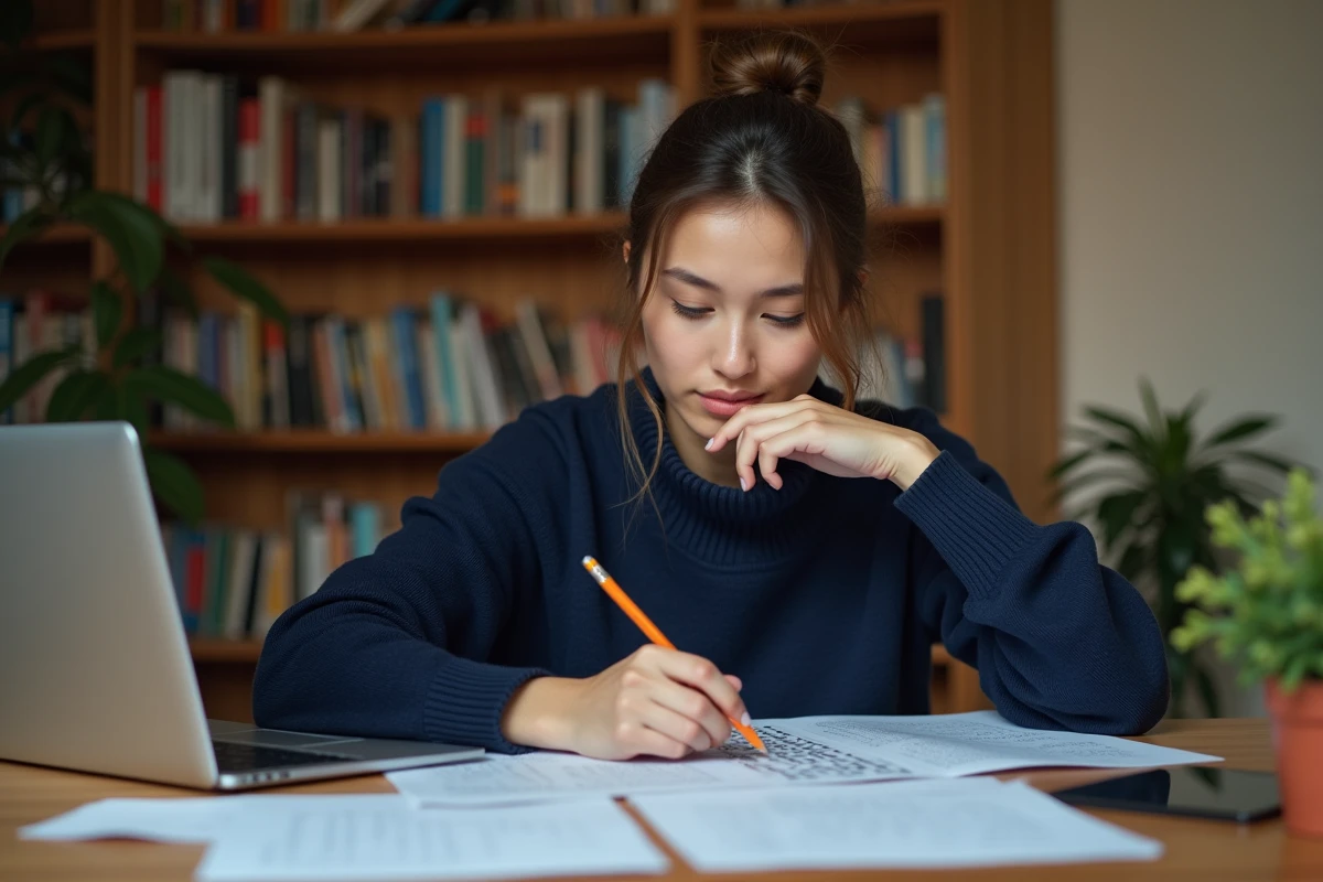 Jeune femme concentrée résolvant un test de QI sur papier à son bureau à domicile, entourée de livres et de notes manuscrites