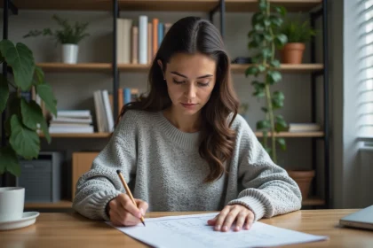 Femme adulte concentrée passant un test de QI sur papier dans un bureau à domicile organisé