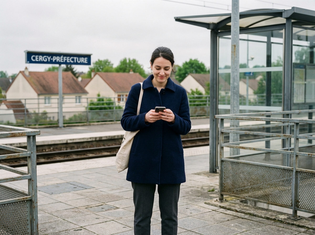 Jeune femme dans le train à Cergy regardant son téléphone