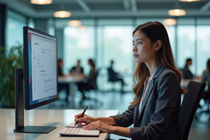 Jeune femme au bureau étudie modules numériques