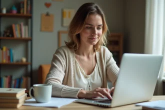 Femme concentrée vérifiant le progrès scolaire de son enfant à la maison