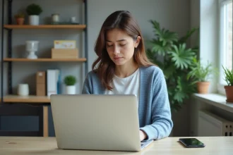 Jeune femme concentrée sur son ordinateur dans un bureau à domicile
