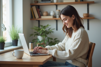 Jeune femme travaillant sur un ordinateur dans un appartement