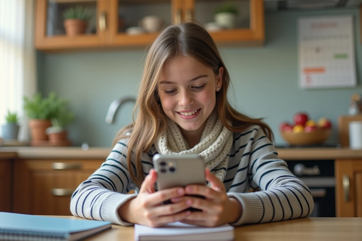 Fille de 13 ans souriante avec smartphone à la maison