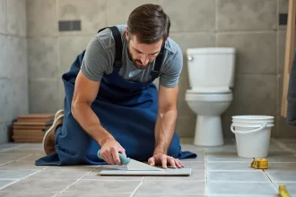 Homme posant du carrelage dans une salle de bain en rénovation après une formation CPF bricolage