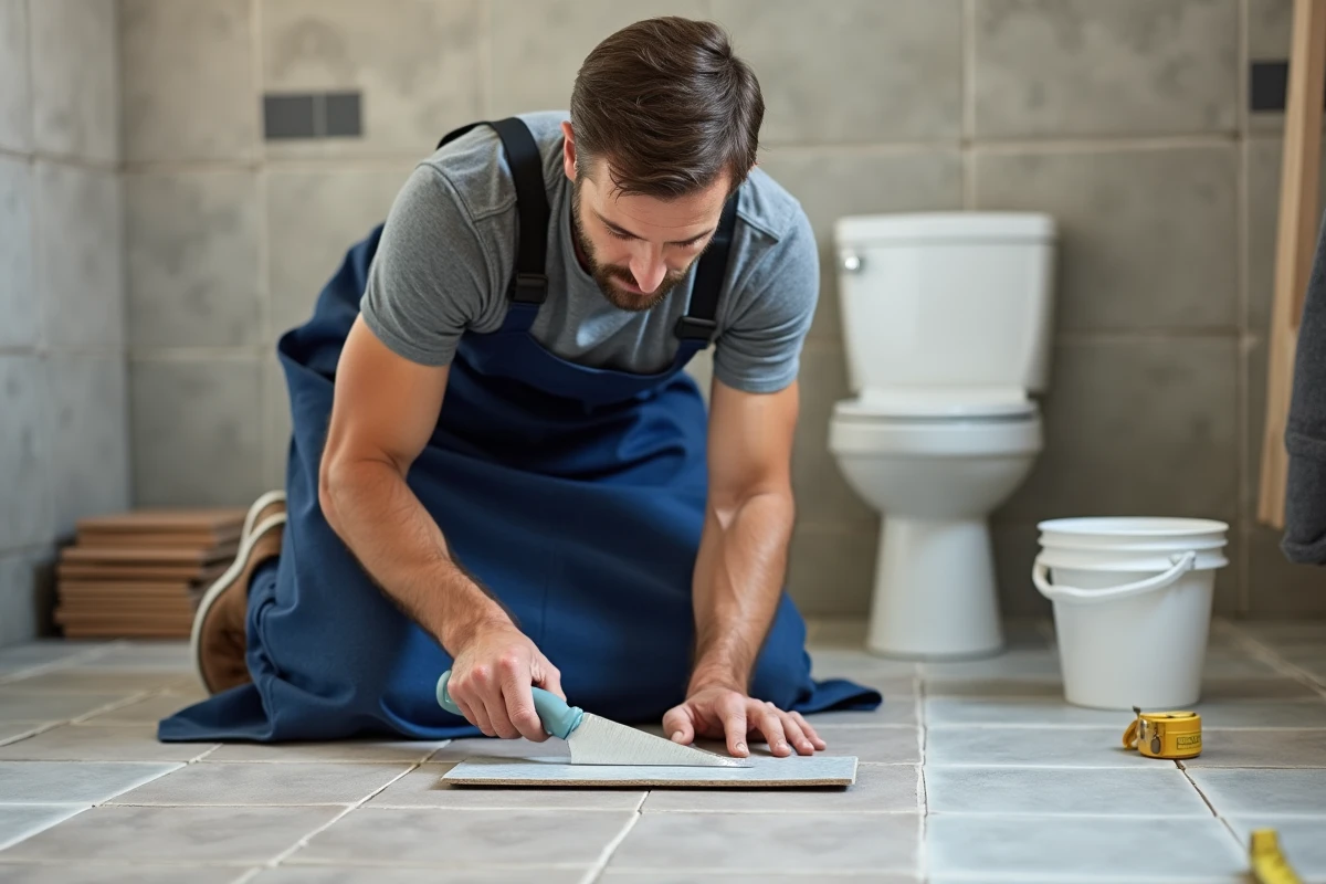 Homme posant du carrelage dans une salle de bain en rénovation après une formation CPF bricolage