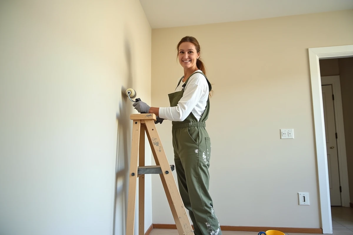 Femme peignant les murs d'un salon lors d'un projet de rénovation DIY après formation bricolage CPF