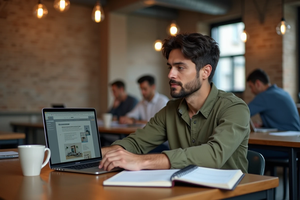 Homme travaillant sur un cours de design en ligne dans un espace de coworking, avec une plateforme de formation ouverte sur son ordinateur portable