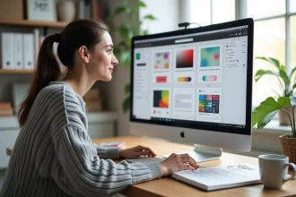 Jeune femme suivant une formation en design d'intérieur en ligne depuis son bureau à domicile, entourée de sketchbooks et d'un écran affichant des maquettes graphiques