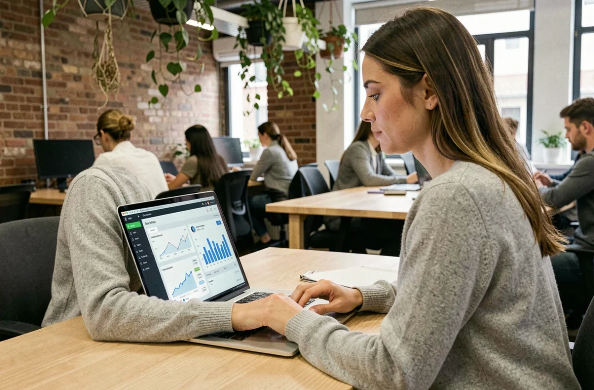Femme en formation digitale pratique dans un espace de coworking parisien, travaillant sur un tableau de bord marketing