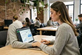 Femme en formation digitale pratique dans un espace de coworking parisien, travaillant sur un tableau de bord marketing