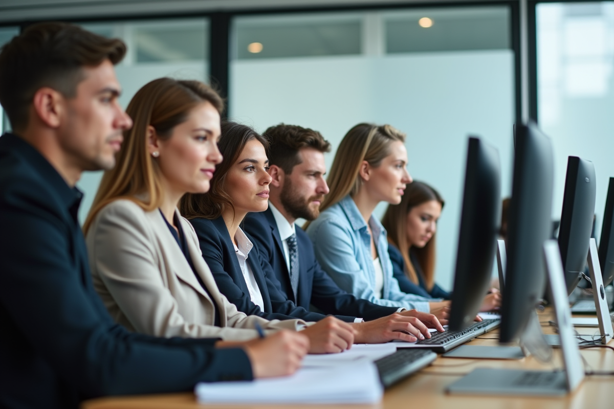Groupe diversifié en formation informatique dans une salle lumineuse