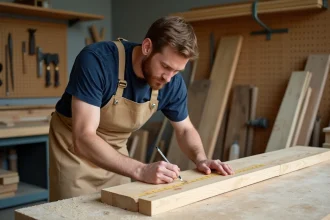 Stagiaire adulte en formation menuiserie mesurant une planche en bois dans un atelier professionnel