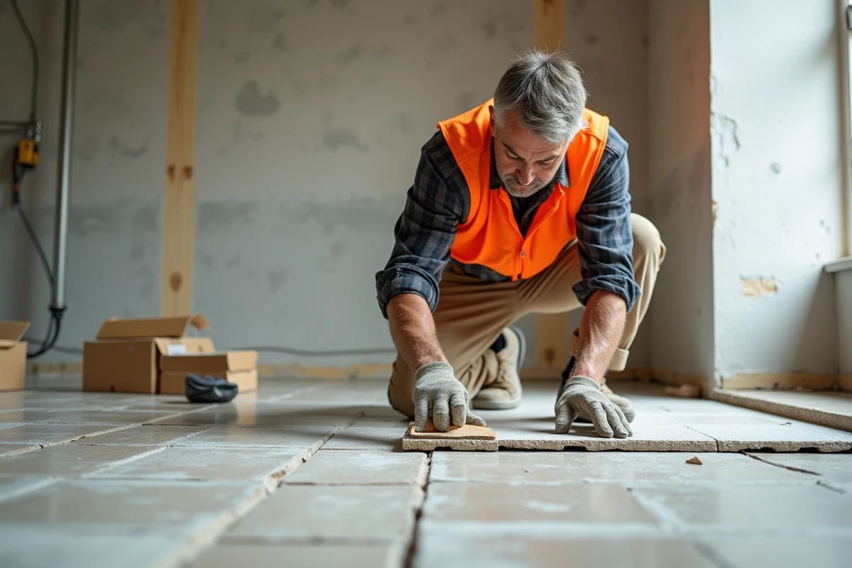 Ouvrier en reconversion posant du carrelage lors d'une formation pratique BTP, chantier de rénovation intérieure