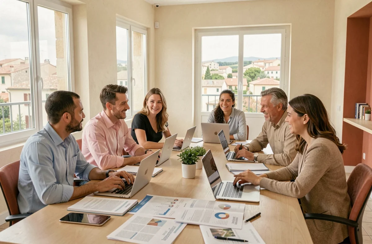 Groupe de professionnels adultes en formation dans une salle de cours moderne en Provence-Alpes-Côte d'Azur