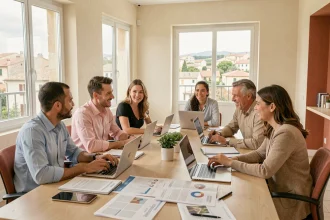 Groupe de professionnels adultes en formation dans une salle de cours moderne en Provence-Alpes-Côte d'Azur