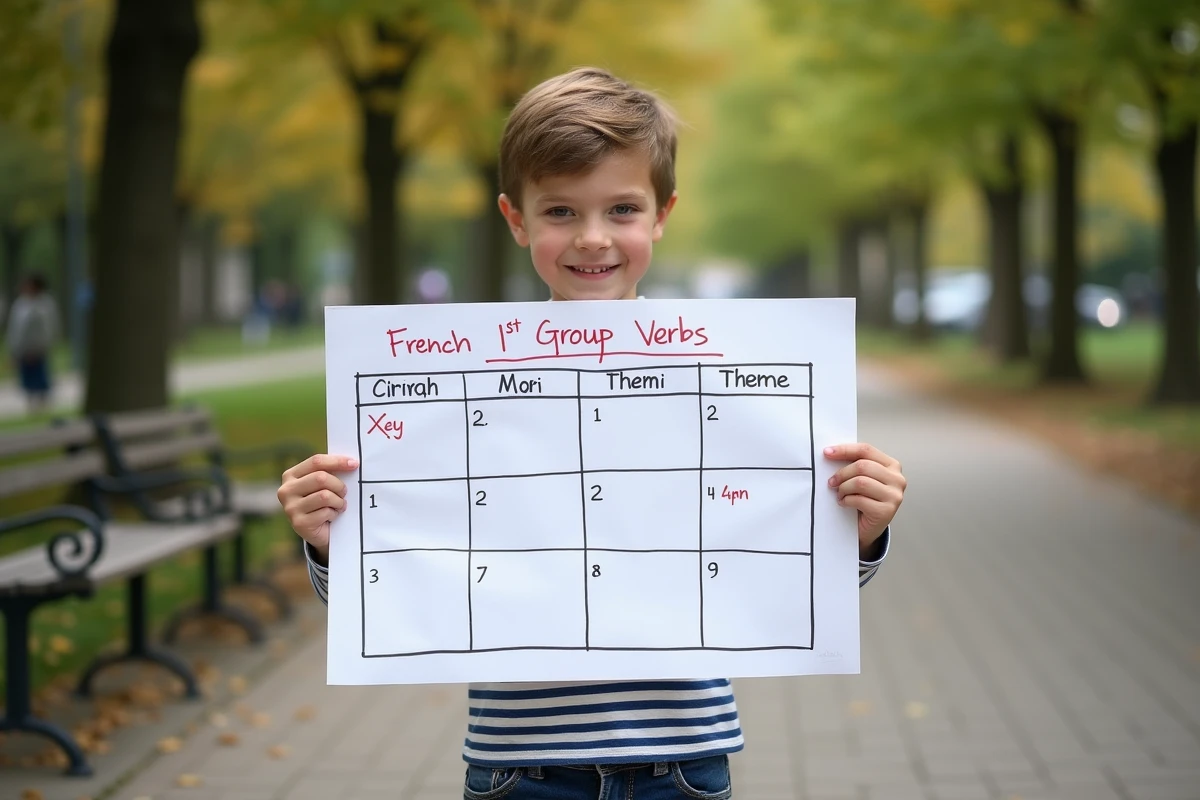 Garçon de 10 ans montrant un tableau de verbes français en plein air