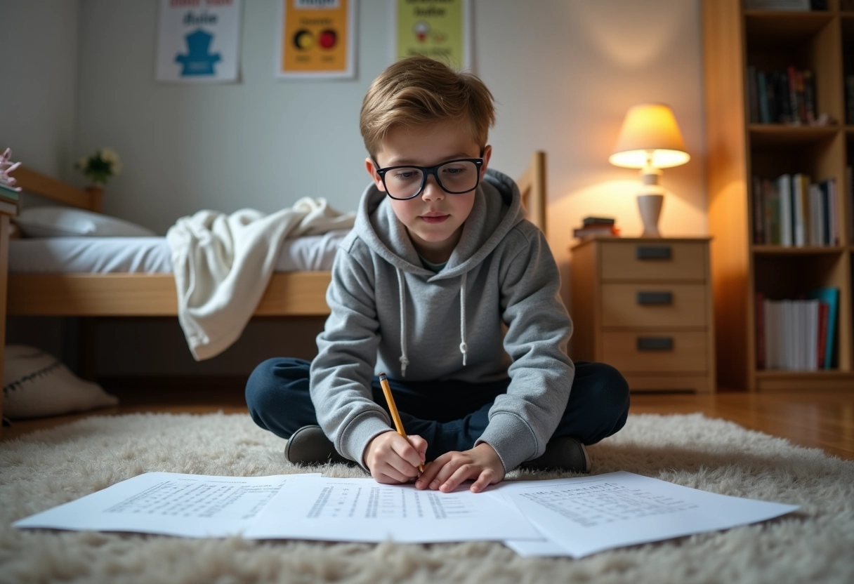 Garçon étudiant en declinaison allemande dans sa chambre