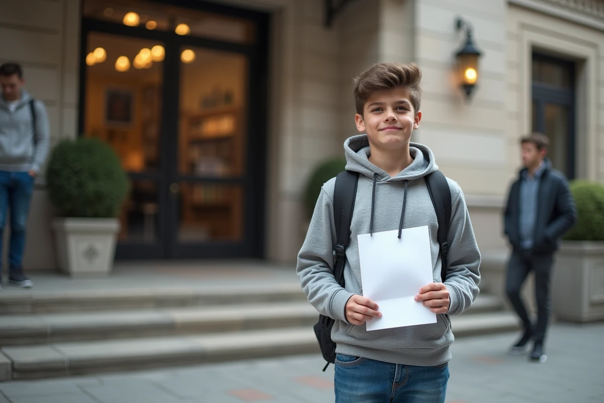 Garçon tenant une lettre devant une librairie en extérieur