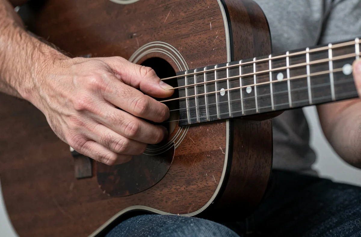 Gros plan sur une main gauche formant un accord Gm en position de barre sur une guitare acoustique en acajou pour le fingerstyle