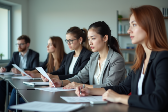 Groupe d'adultes en formation avec certificats en classe moderne