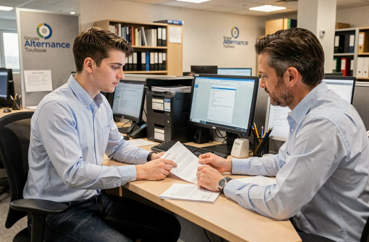 Étudiant en alternance travaillant avec son tuteur en entreprise dans le cadre du Groupe Alternance Toulouse