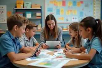 Groupe d'élèves en classe moderne travaillant en groupe