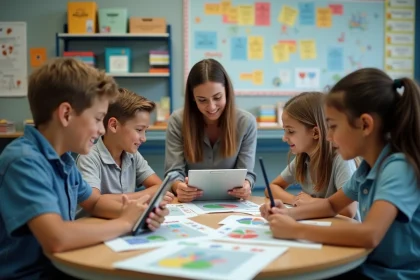 Groupe d'élèves en classe moderne travaillant en groupe