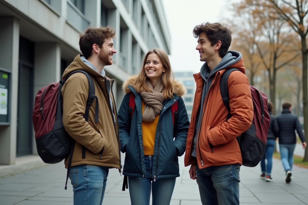 Groupe de jeunes étudiants discutant devant un institut technique