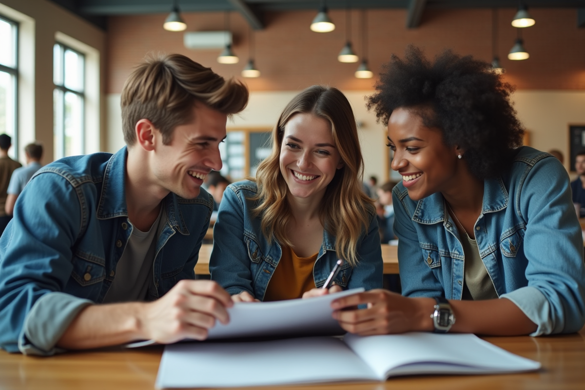 Trois étudiants discutant autour d