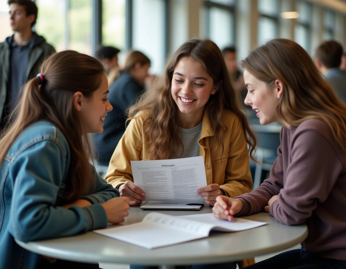 Groupe de lycéens discutant de philosophie autour d'une table de cafétéria avant le bac 2026