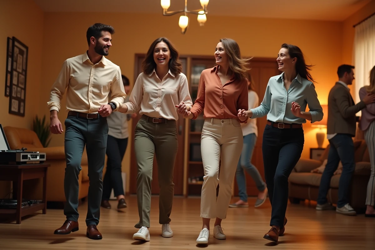 Groupe d'amis pratiquant les pas de Madison en soirée dans un salon animé
