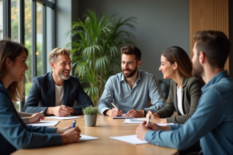 Groupe de professionnels en réunion dans un bureau moderne