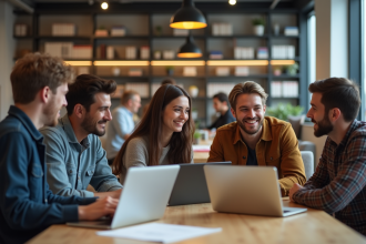 Groupe de jeunes adultes travaillant en coworking moderne