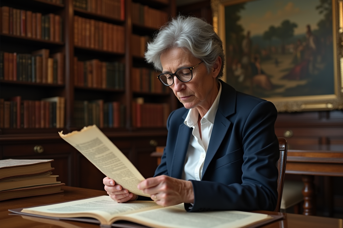 Historienne examine un document legislativ de 1841