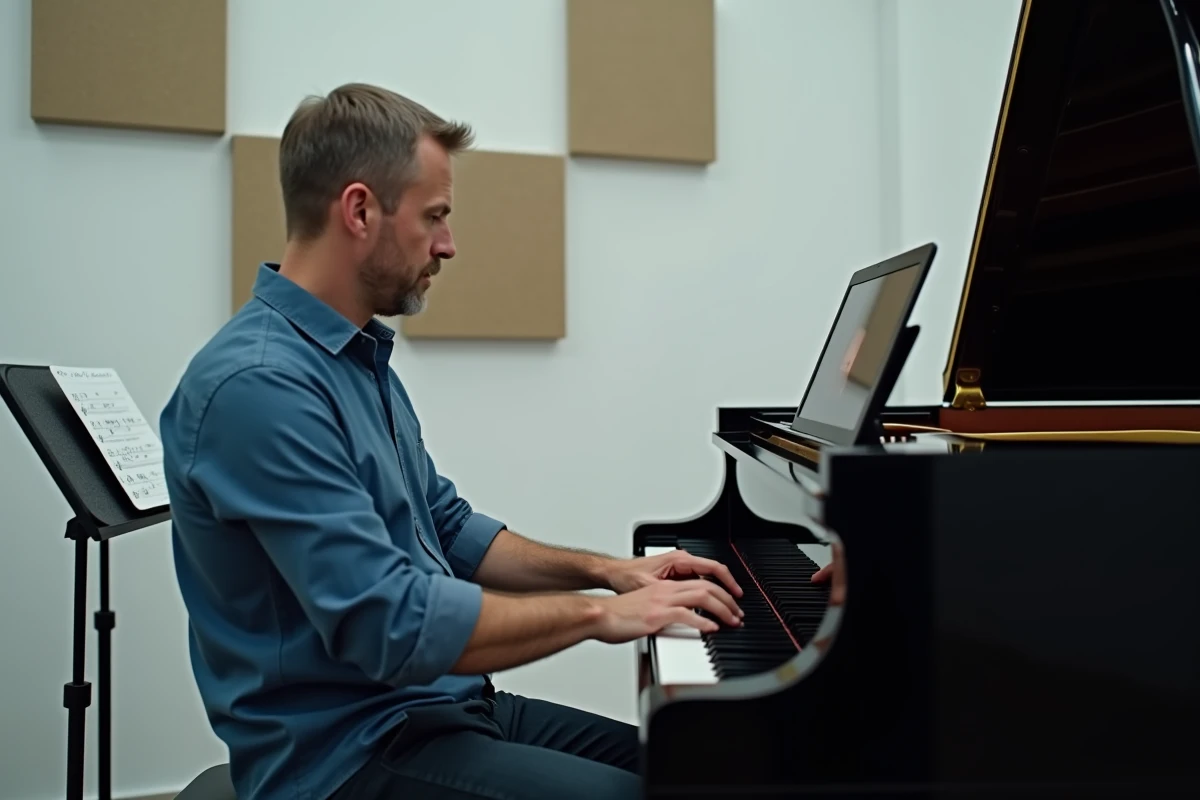Homme adulte débutant en piano apprenant avec un cours en ligne sur ordinateur portable dans une salle de répétition d'école de musique moderne