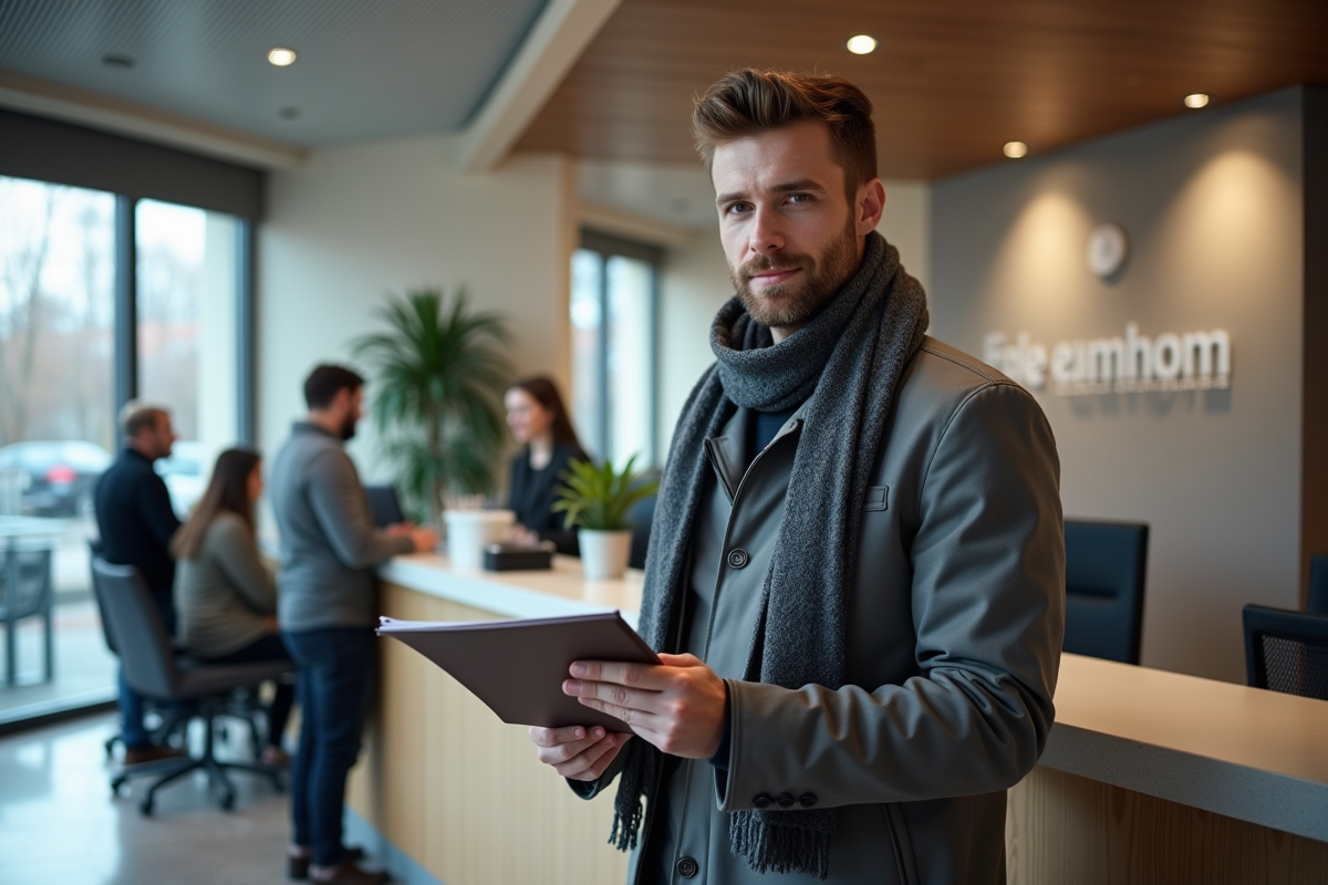 Jeune homme attendant à un guichet dans un bureau public