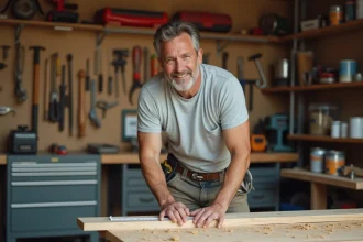 Homme bricoleur mesurant une planche en bois dans un atelier de garage équipé d'outils, illustrant une formation bricolage pratique pour réduire les coûts de travaux