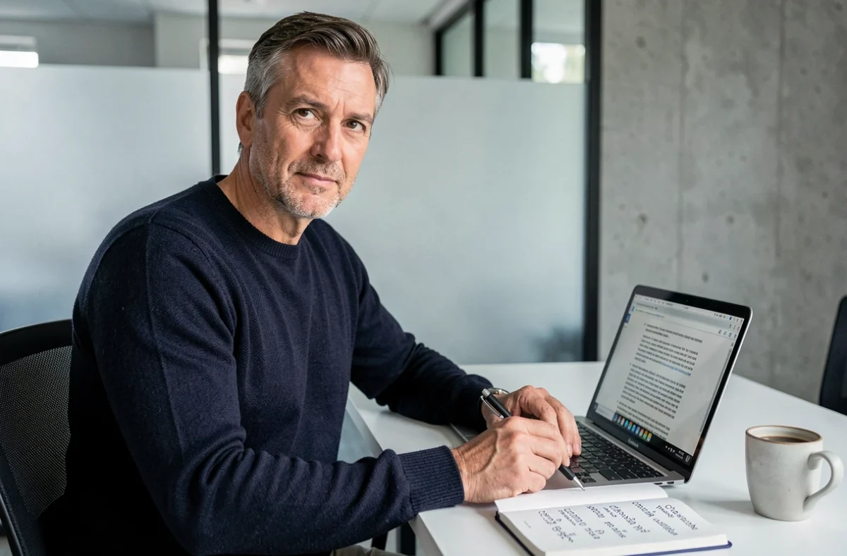 Homme travaillant sur la structure d'un texte avec des connecteurs logiques, devant un ordinateur portable dans un bureau moderne minimaliste