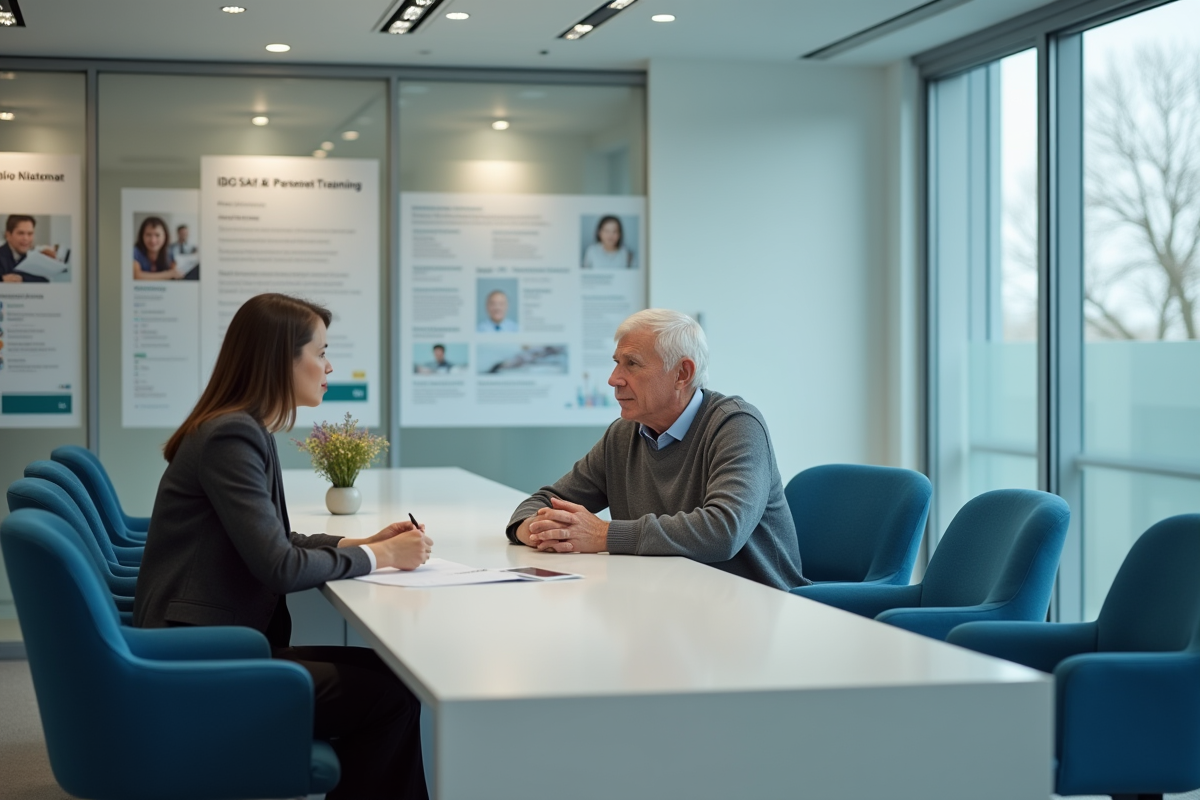Homme âgé consulte un conseiller dans un bureau public de retraite